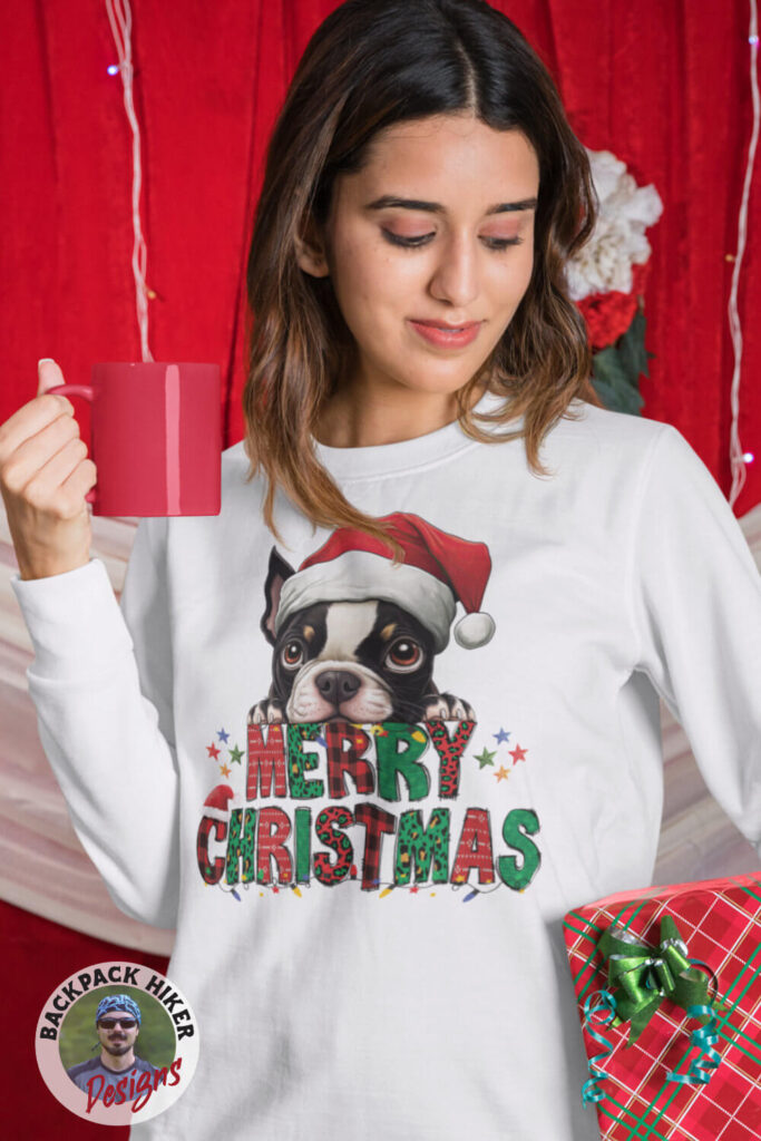 Bluză personalizată cu urări de Crăciun si cățel Boston Terrier